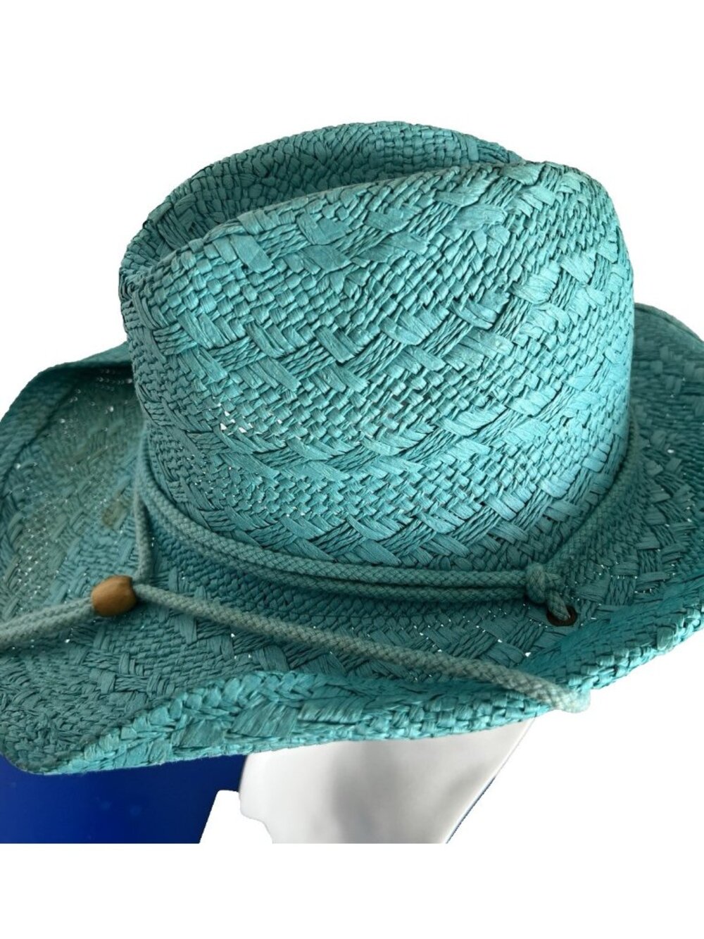 Women's Straw Cowboy Sun Hat Teal Aqua Blue Adjustable Chin Strap Western Style